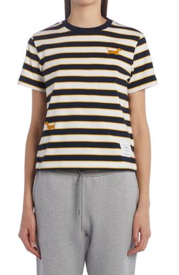 Thom Browne Embroidered Hector Stripe Short Sleeve T-Shirt in Navy/White/Yellow