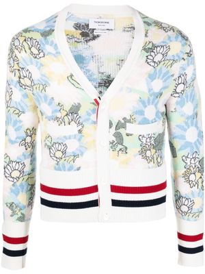 Thom Browne floral-intarsia cashmere cardigan - White