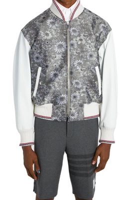 Thom Browne Floral Jacquard Bomber Jacket with Leather Sleeves in Medium Grey