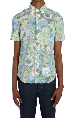 Thom Browne Floral Print Straight Fit Short Sleeve Button-Down Shirt in Light Green