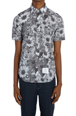 Thom Browne Floral Print Straight Fit Short Sleeve Button-Down Shirt in Medium Grey