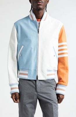 Thom Browne Fun-Mix 4-Bar Colorblock Leather Bomber Jacket in White