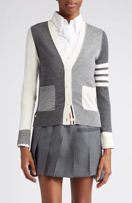 Thom Browne Fun-Mix 4-Bar V-Neck Wool Blend Cardigan in Tonal Grey