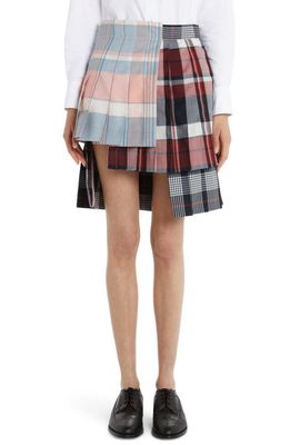Thom Browne Fun-Mix Check Pleated Asymmetric Wool Skirt in Red White Blue