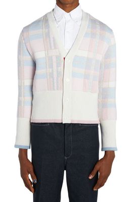 Thom Browne Fun-Mix Check V-Neck Cashmere Cardigan in Light Pink