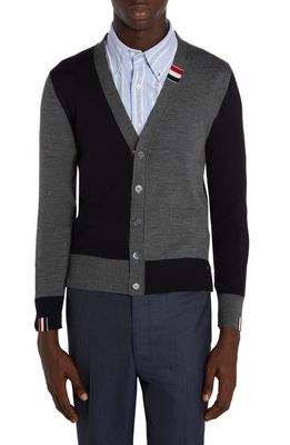 Thom Browne Fun-Mix Colorblock V-Neck Wool Blend Cardigan in Navy