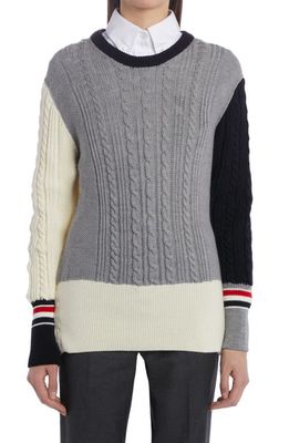 Thom Browne Fun-Mix Irish Cable Wool & Cotton Sweater in Light Grey