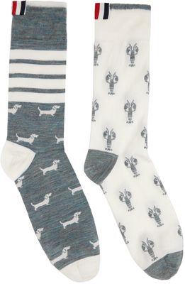 Thom Browne Gray & White 4-Bar Hector & Lobster Socks