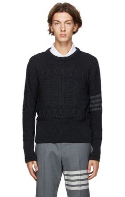 Thom Browne Grey Merino Aran Cable 4-Bar Sweater