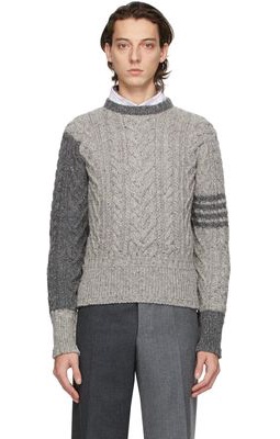 Thom Browne Grey Mohair Aran 4-Bar Cable Sweater