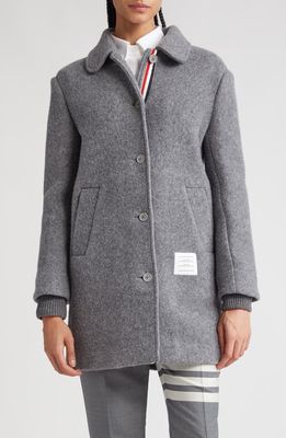 Thom Browne Grosgrain Trim Peter Pan Collar Wool Fleece Coat in Light Grey