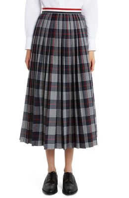 Thom Browne Hairline Plaid Pleated Wool Midi Skirt in Red White Blue