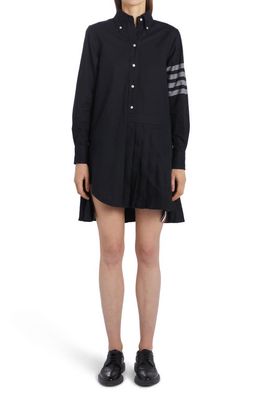 Thom Browne Half Pleated Long Sleeve Cotton Flannel Shirtdress in Navy
