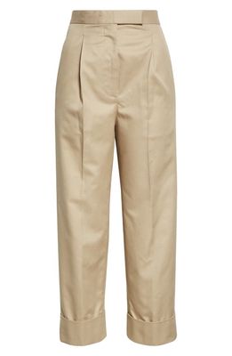 Thom Browne High Waist Cuff Cotton Twill Trousers in Camel