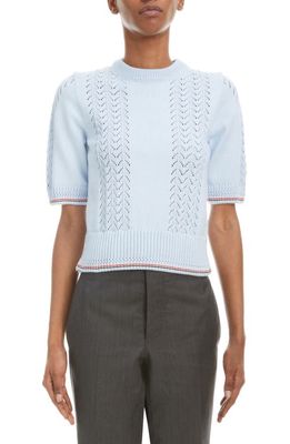 Thom Browne Mixed Stitch Short Sleeve Cotton Sweater in Light Blue