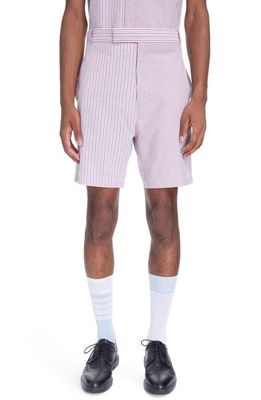 Thom Browne Mixed Stripe Cotton Straight Leg Shorts in Rwbwht