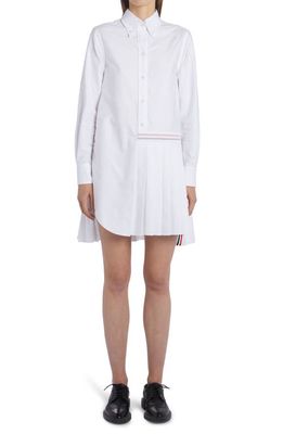 Thom Browne Oxford Half Pleated Long Sleeve Shirtdress in White