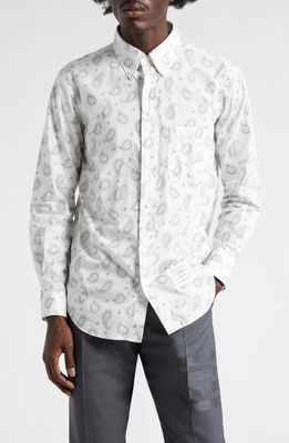 Thom Browne Paisley Straight Fit Cotton Button-Down Shirt in Light Grey