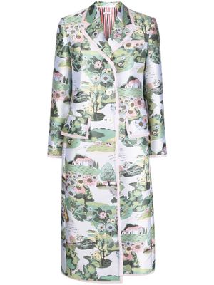 Thom Browne patterned-jacquard wide-lapel coat - Green