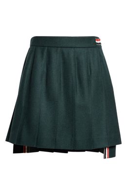 Thom Browne Pleated Drop Back Wool Miniskirt in Dark Green