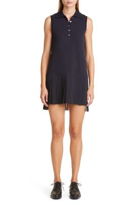 Thom Browne Pleated High-Low Cotton Polo Dress in Navy