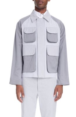 Thom Browne Relaxed Stripe Crop Cotton Field Jacket in Silver