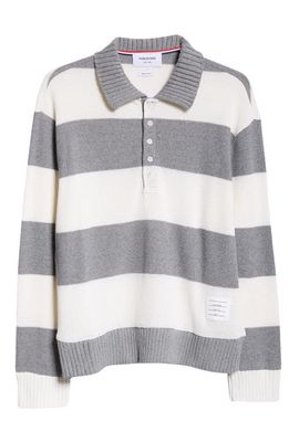 Thom Browne Rugby Stripe Cotton Polo Sweater in Light Grey