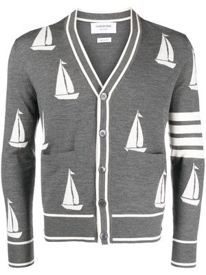 Thom Browne sail boat-motif merino wool cardigan - Grey