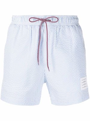 Thom Browne seersucker logo-patch swim shorts - Blue