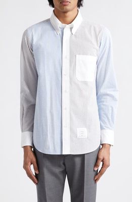 Thom Browne Straight Fit Stripe Cotton Seersucker Button-Down Shirt in Medium Grey