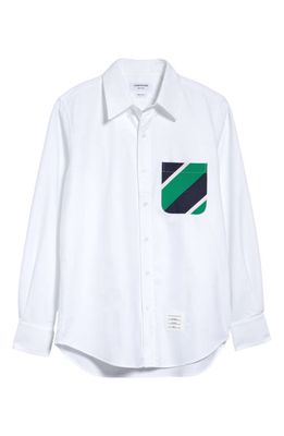 Thom Browne Straight Fit Stripe Pocket Button-Up Shirt in White