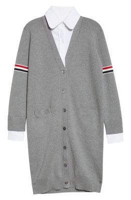 Thom Browne Stripe Detail Cotton Cardigan Shirtdress in Light Grey