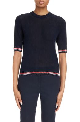 Thom Browne Stripe Rib Cotton & Silk Sweater in Navy