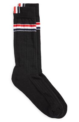Thom Browne Stripe Ribbed Mid Calf Socks in Black