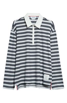 Thom Browne Stripe Rugby Fit Long Sleeve Polo in Navy