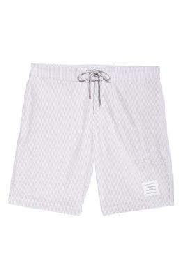 Thom Browne Stripe Seersucker Board Shorts in Medium Grey