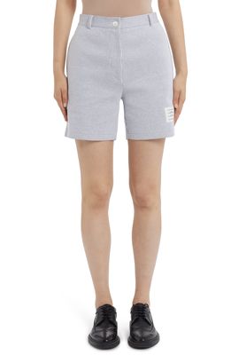 Thom Browne Stripe Side Vent Cotton Seersucker Shorts in Med Grey
