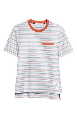 Thom Browne Stripe Stretch Linen Pocket T-Shirt in Medium Blue