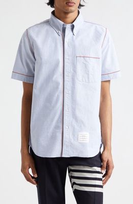 Thom Browne Tricolor Trim Short Sleeve Cotton Button-Down Shirt in Light Blue