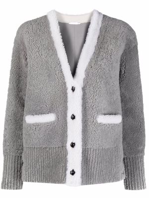 Thom Browne V-neck contrast-trim shearling cardigan jacket - Grey