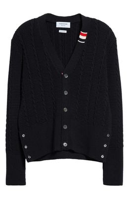 Thom Browne Virgin Wool Cable Stitch Cardigan in Navy