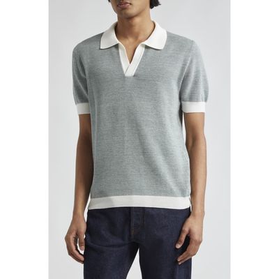 Thom Sweeney Aragon Contrast Trim Cotton & Linen Polo Sweater in Mid Green 