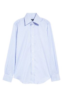 Thom Sweeney Bengal Stripe Cotton Poplin Button-Up Shirt in White/Navy Stripe