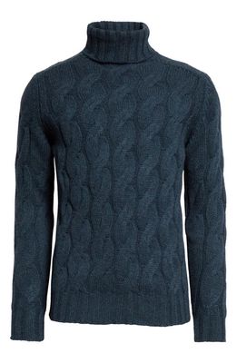 Thom Sweeney Chunky Cable Stitch Cashmere Turtleneck Sweater in Moss Blue