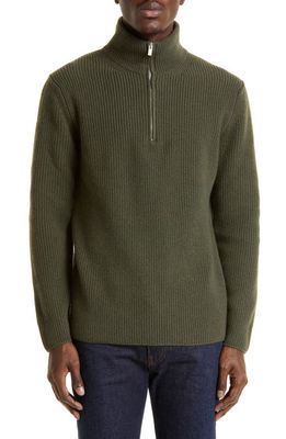 Thom Sweeney Half Zip Virgin Wool & Cashmere Sweater in Military Green