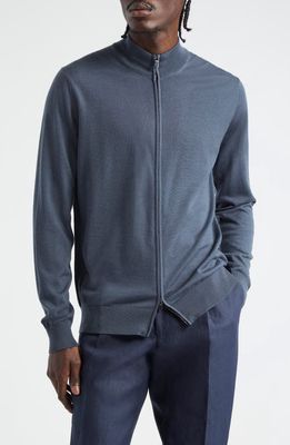 Thom Sweeney Mock Neck Zip Cardigan in Slate Blue