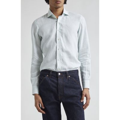 Thom Sweeney Stripe Linen Button-Up Shirt in Green Stripe 