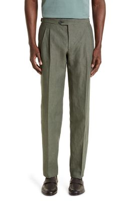 Thom Sweeney Tailored Fit Double Pleat Linen Pants in Military Green