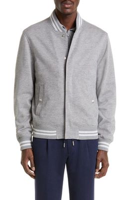 Thom Sweeney Veracity Wool & Cotton Jersey Sweater Jacket in Grey/White Stripe