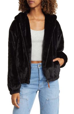 Thread & Supply Faux Fur Zip-Up Hooded Jacket in Black